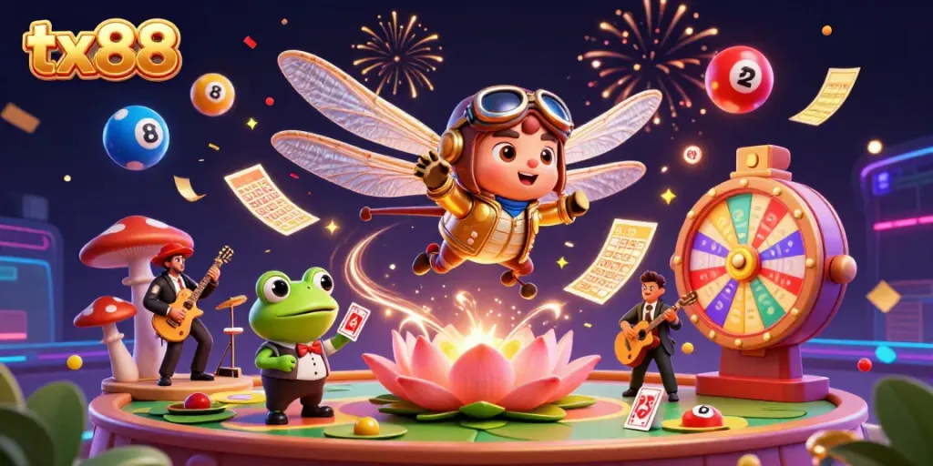 Experience an exciting casino adventure with tx88 through a dynamic 3D scene of gambling characters.