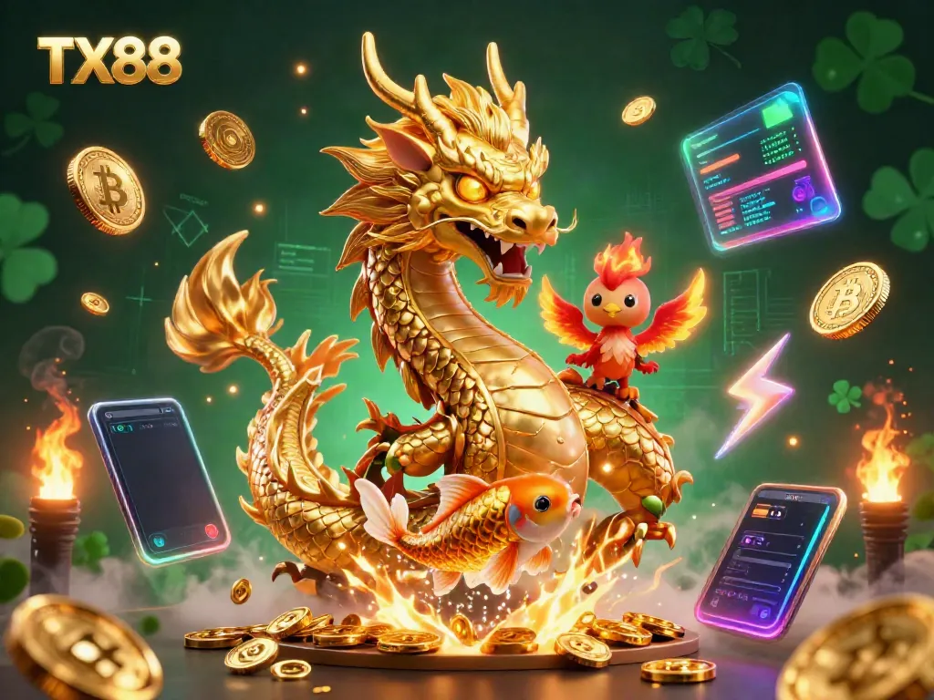 Engage with TX88's vibrant casino scene featuring a golden dragon, red phoenix, and koi fish among dynamic crypto elements.