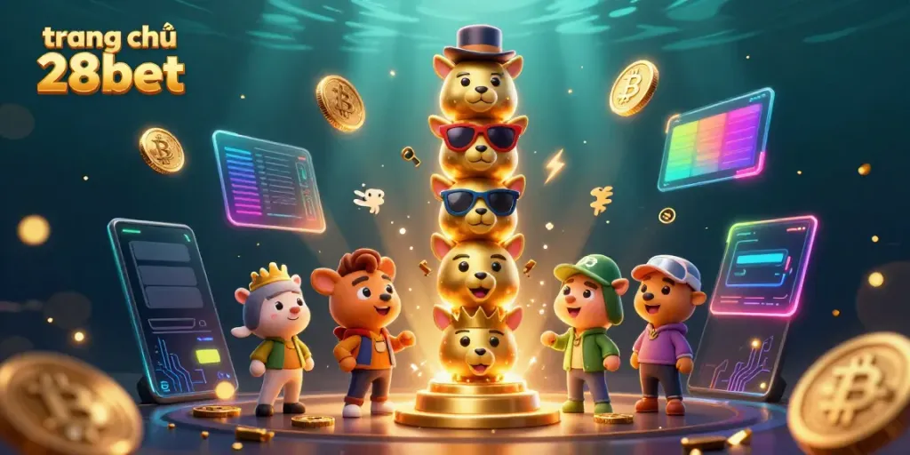 Experience the excitement of trang chủ 28bet, featuring a vibrant casino totem surrounded by crypto elements.