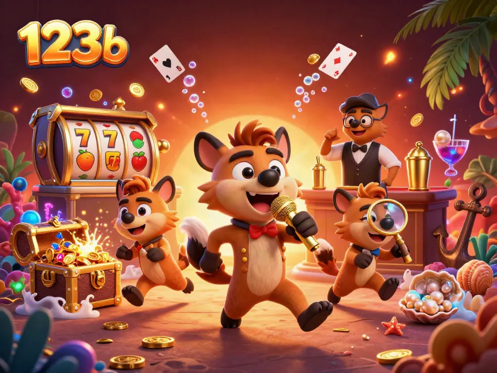 Experience the thrilling comedy of 123b in a dynamic casino scene featuring animated hyenas.