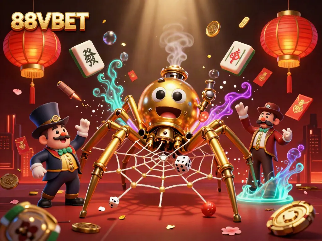 Experience the excitement of 88VBET with a dynamic steampunk casino scene featuring a golden spider and intricate gambling elements.