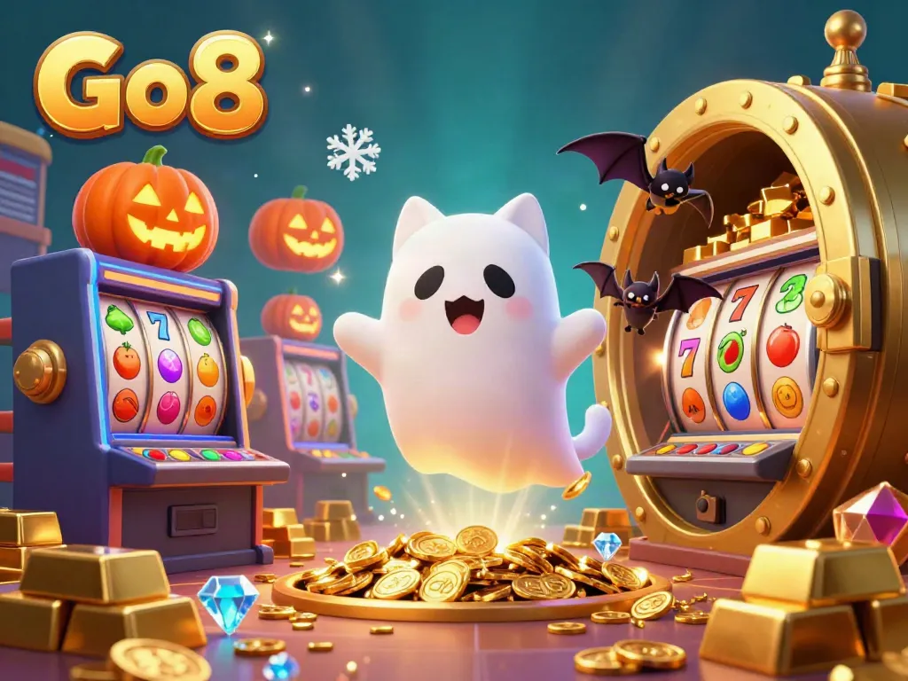 Experience the thrill of the Go8 casino with a fun ghost cat and its bat companion in a vibrant slot machine scene.