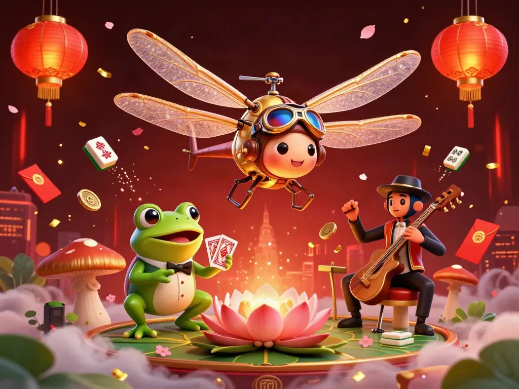 Engage with 8kbet in a vibrant casino scene featuring a dragonfly pilot and frog dealer.