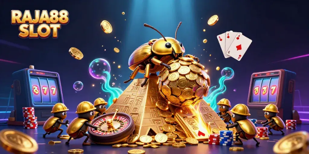Experience the excitement of RAJA88 SLOT with vibrant casino elements and dynamic gold coins.