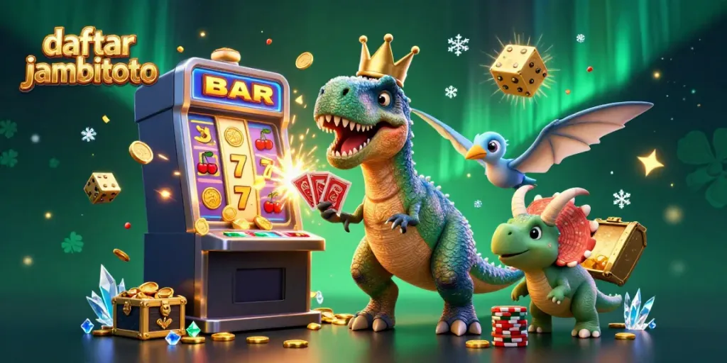 Spin and win with daftar jambitoto featuring T-Rex, Pterodactyl, and a Triceratops in an exciting casino scene.