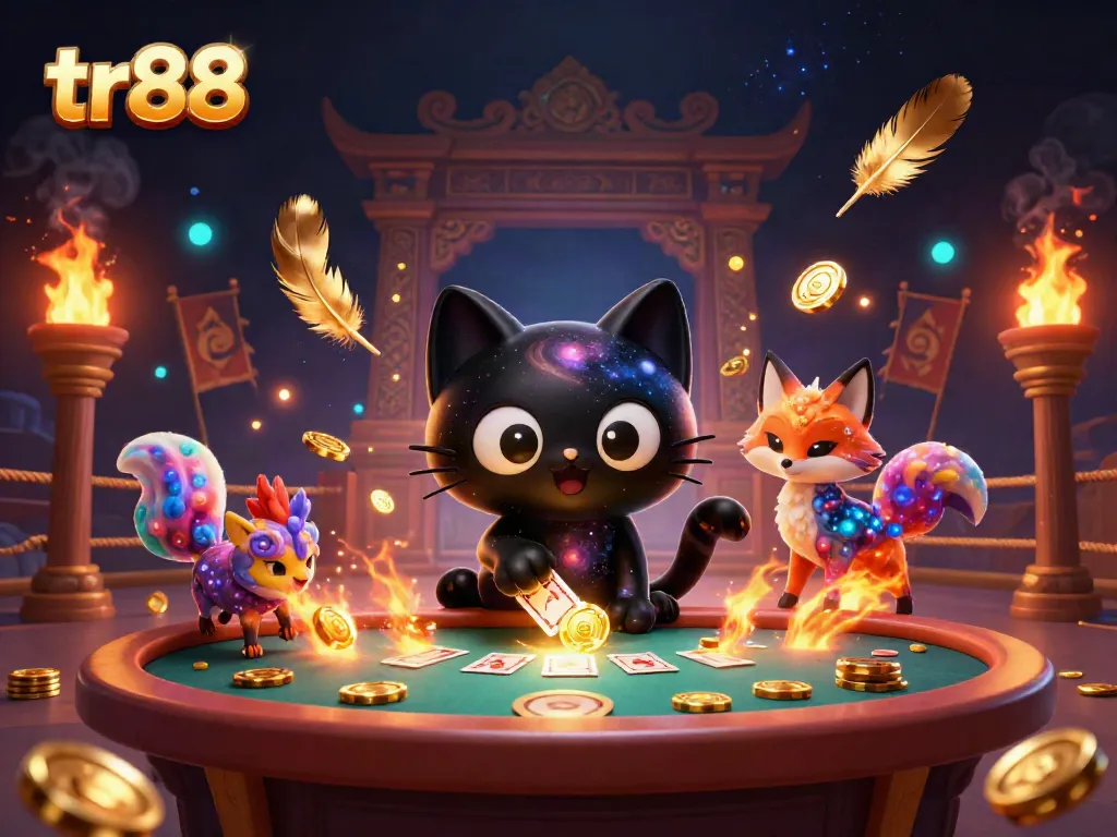Experience the thrilling action of tr88 in a cosmic casino with a black hole cat and nebula fox.