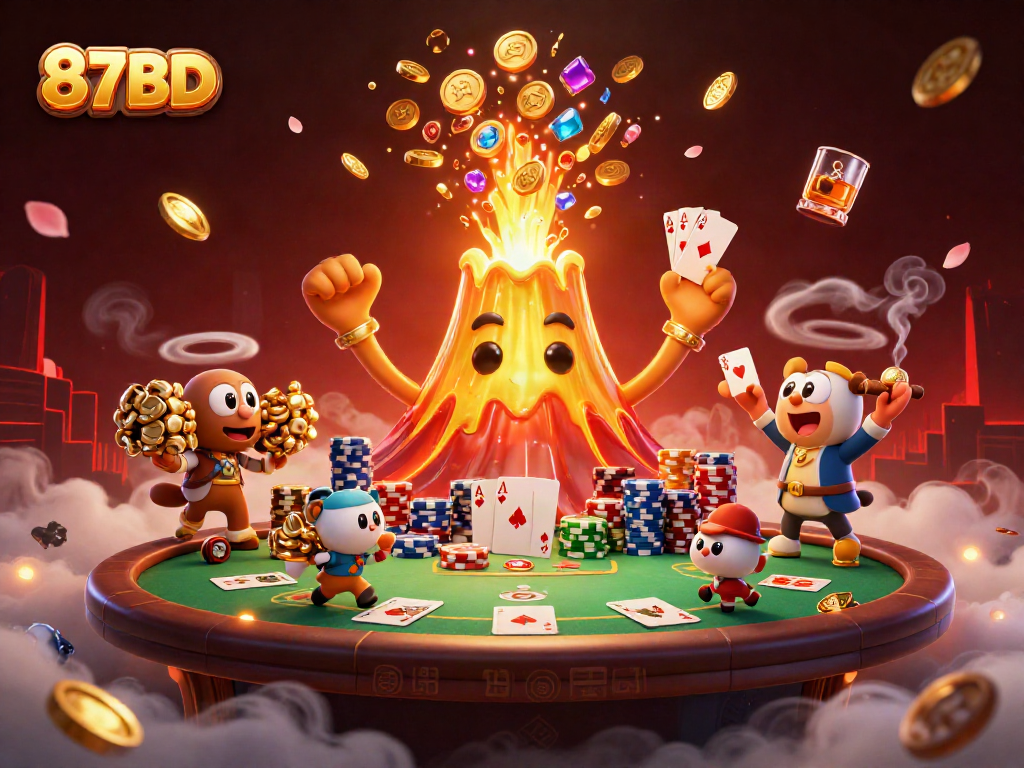 Engage with the thrilling vibe of 87BD featuring a triumphant golden volcano amid treasures and poker elements.
