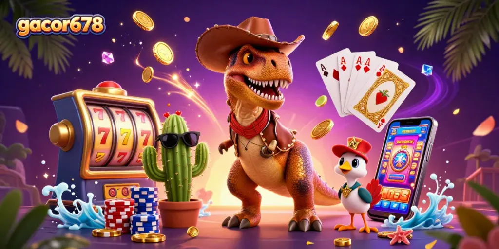 Experience the thrill of gacor678 with a trio of characters in a vibrant casino scene, celebrating big wins.