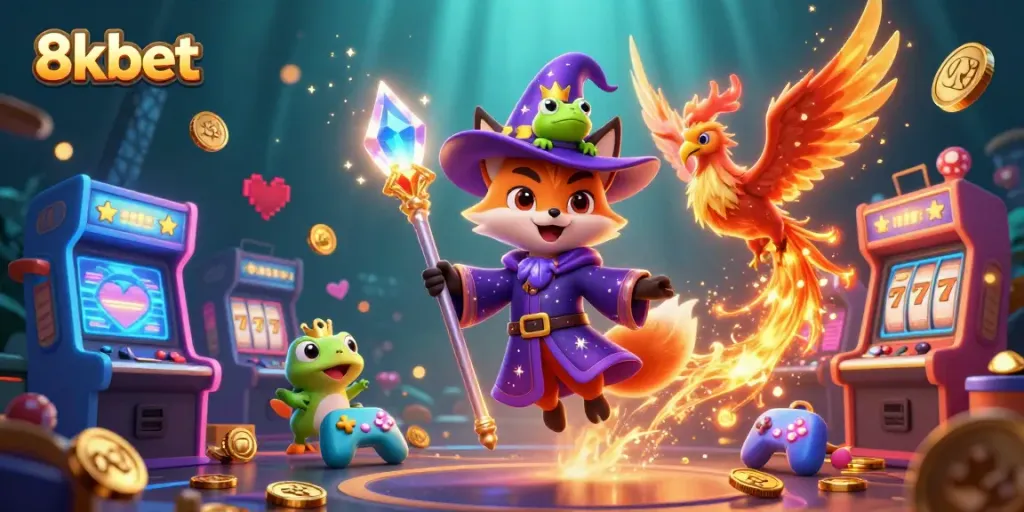 Experience 8xbet's vibrant casino games with a mystical wizard fox and phoenix in an enchanting scene.