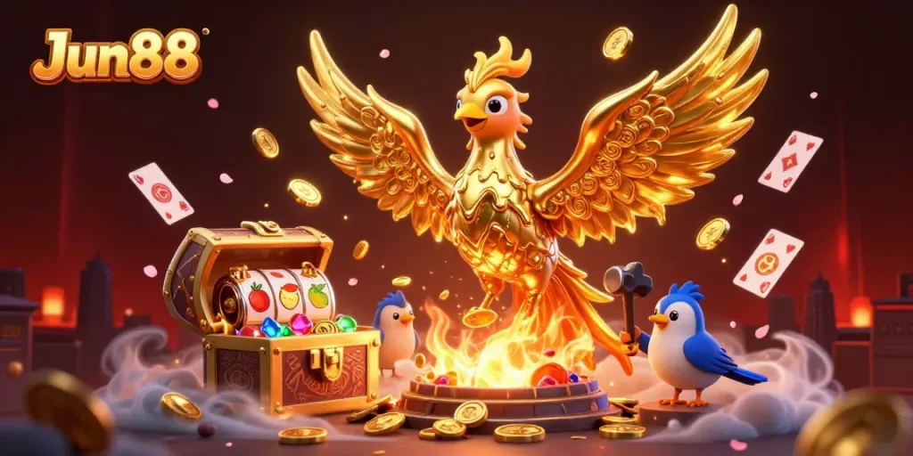 Experience immersive gameplay with Jun88, as a molten golden phoenix emerges amidst treasures and vibrant slots.