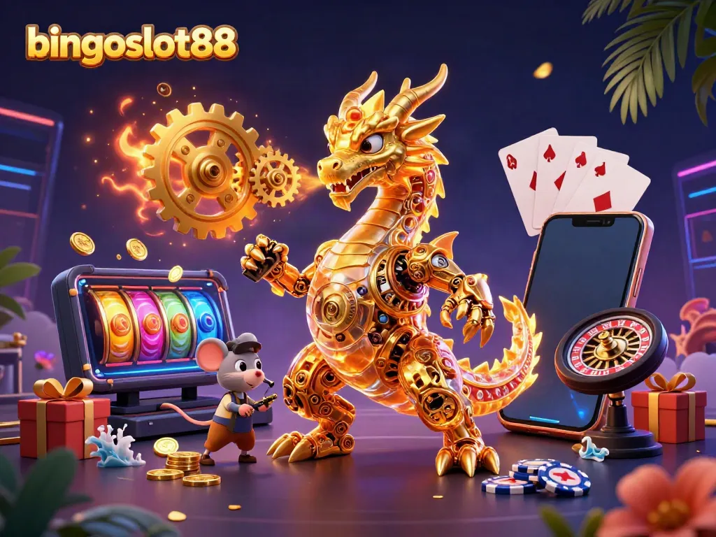 Rasakan keseruan bingoslot88 dalam ilustrasi 3D dengan naga emas dan perangkat permainan