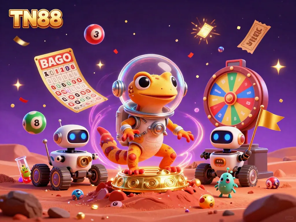 Engage with TN88's vibrant online casino scene featuring a Martian gecko and vivid game elements.