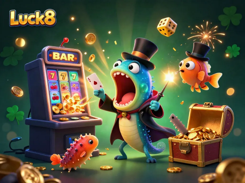 Luck8 showcases a magical underwater casino scene with vibrant characters and dynamic slot elements.