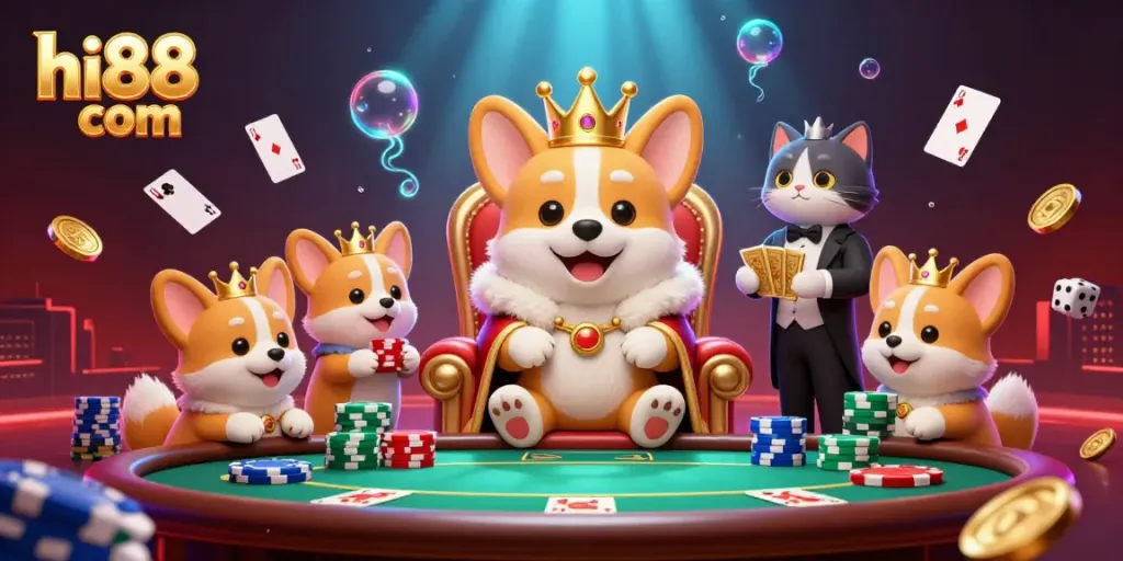 Experience the luxurious gaming scene with hi88 com, featuring a royal corgi.