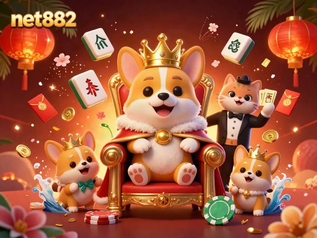 Experience the excitement of net882 with a 3D royal corgi and vibrant casino elements.