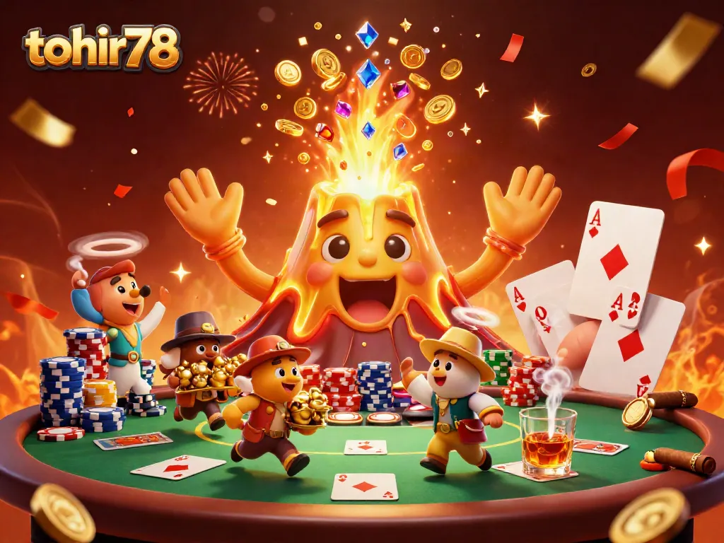 Witness the excitement of tohir78 with a golden volcano erupting treasures in this vibrant 3D illustration.