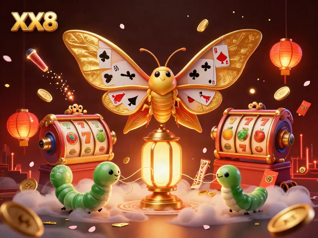 Experience the vibrant XX8 casino atmosphere with golden moths and dynamic slot elements.