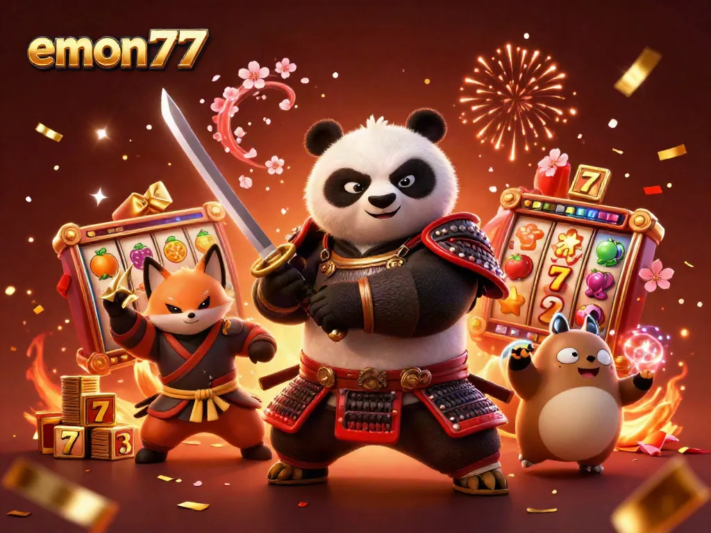 Experience thrilling gameplay with emon77's vibrant 3D casino scene showcasing samurai, ninja, and magical spirits.