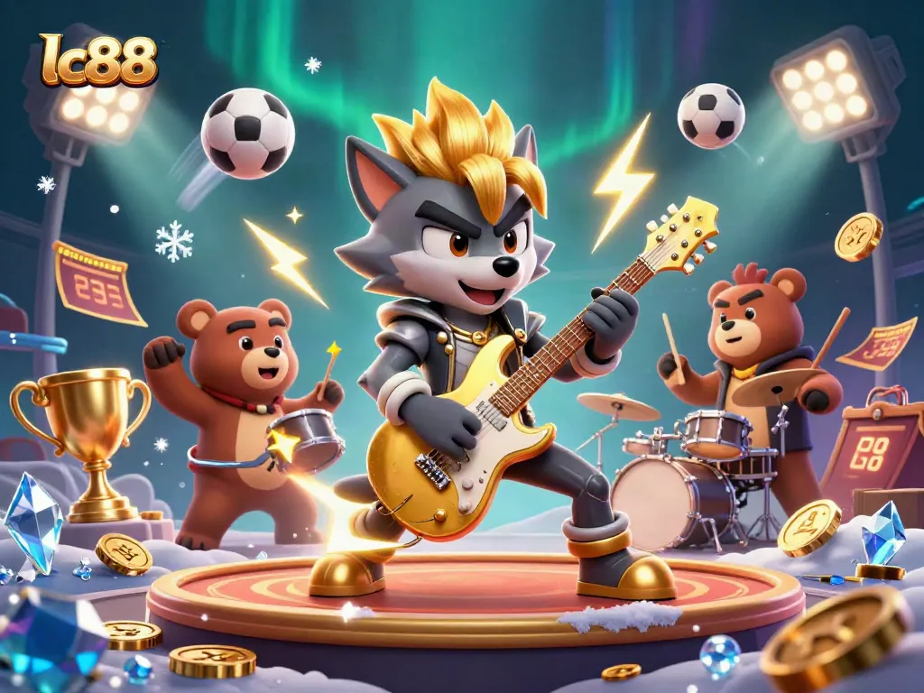Engaging lc88 gaming scene showcasing a rock star wolf and drummer bear in an exciting casino atmosphere.