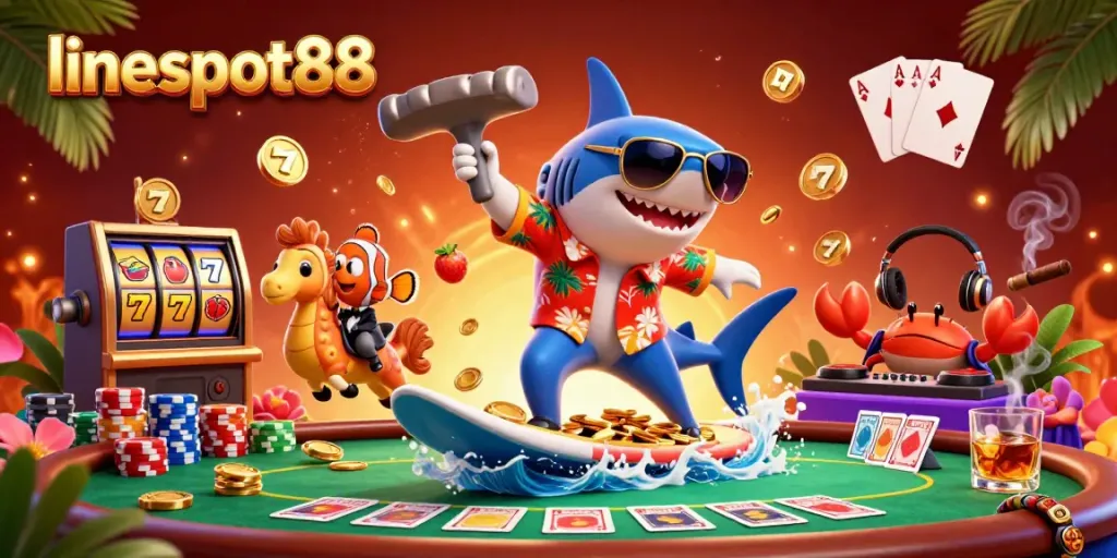 Experience lineslot88's vibrant casino scene with a shark, clownfish, and DJ immersed in golden coins.