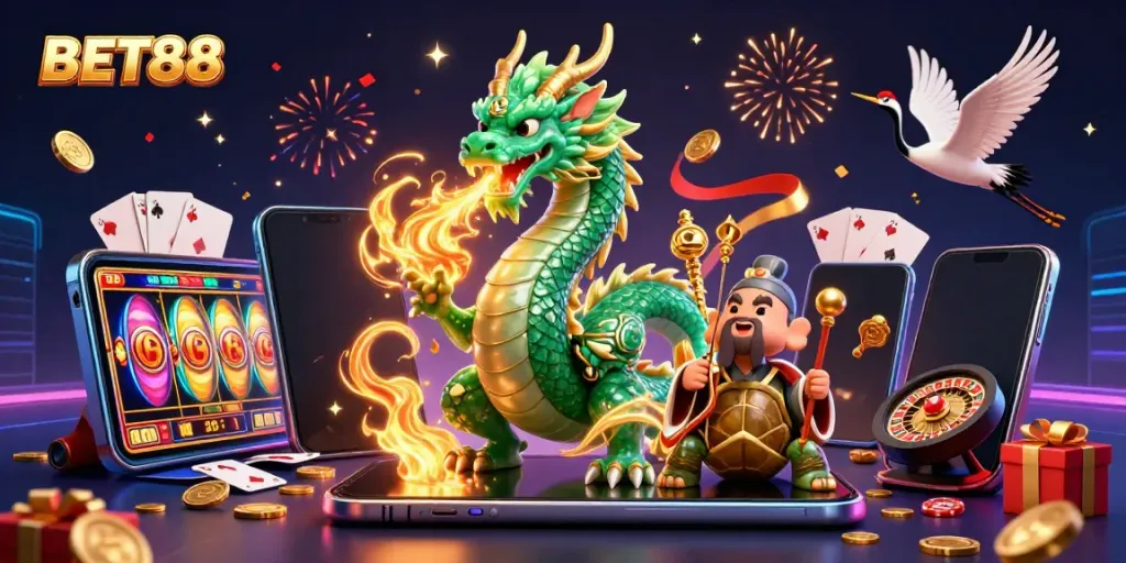 Experience the excitement of BET88 with a vibrant dragon, sage, and winning casino elements.