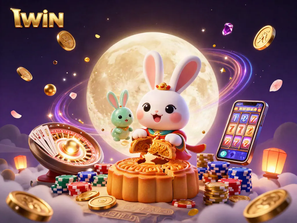 IWIN showcases a captivating 3D illustration with a moon rabbit and vibrant casino elements for engaging gameplay.