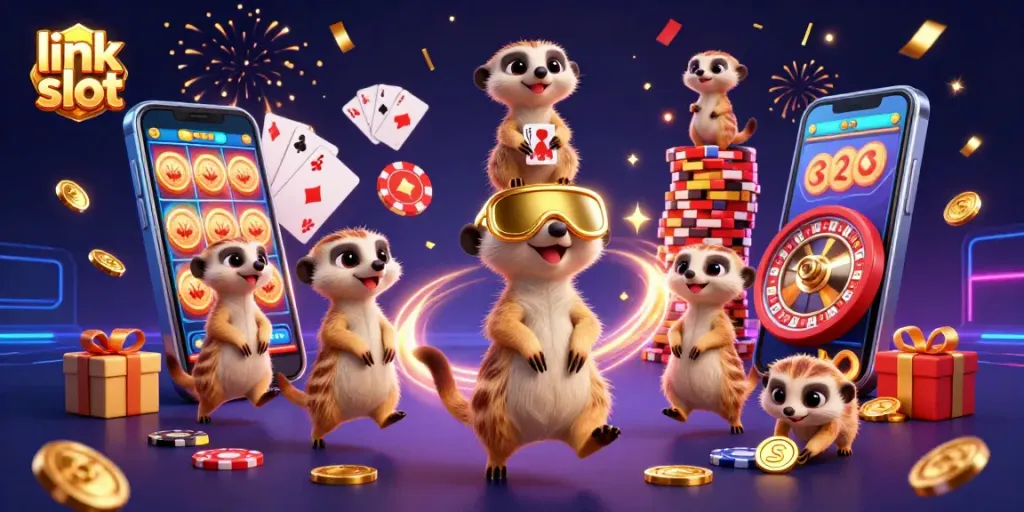 Experience the thrill of link slot action with charming meerkats in a lively casino setting.