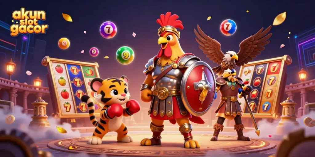 Akun slot gacor dengan karakter ayam jantan sebagai gladiator dalam koloseum dikelilingi elemen permainan berwarna-warni.