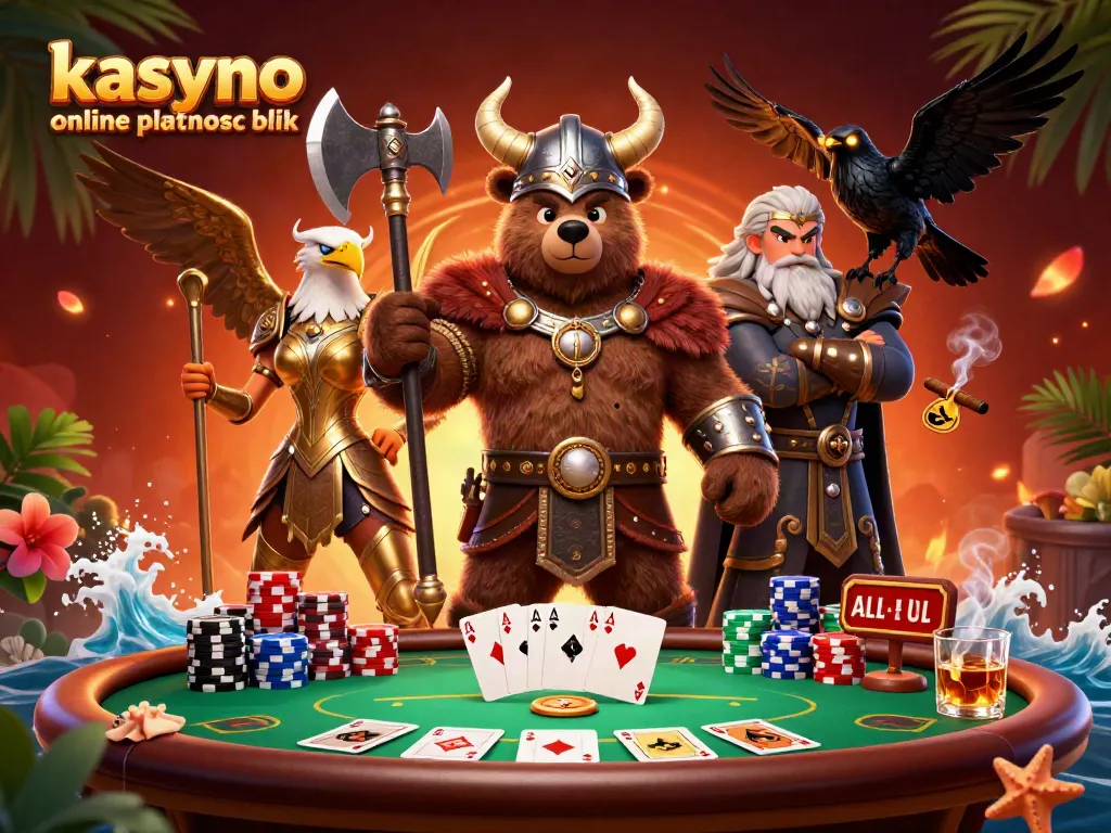 Enhance your gaming with kasyno online platnosc blik featuring Viking and eagle characters at a vibrant poker table.