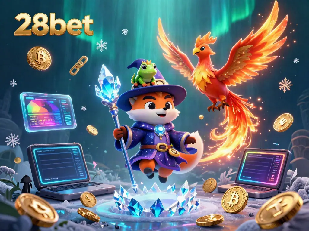 Experience the magic of 28bet with a dazzling casino scene featuring a mystical wizard and crypto elements.