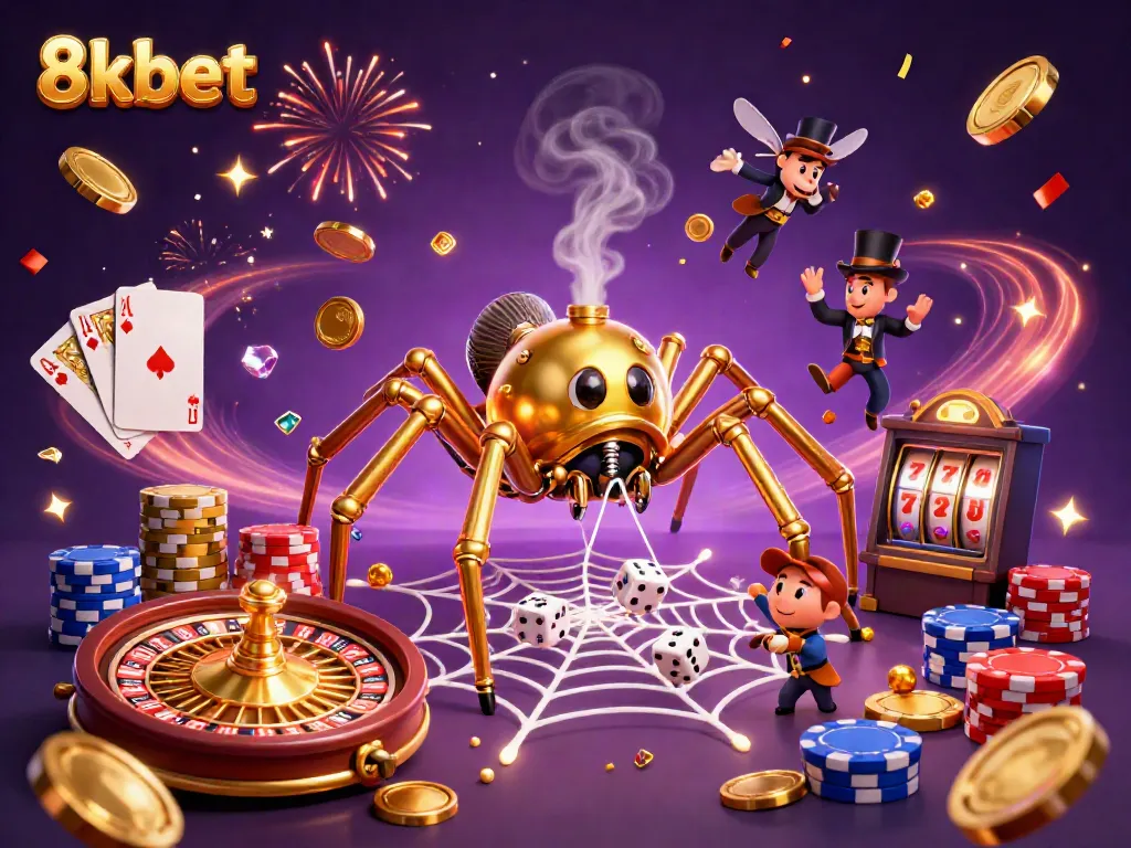 Experience thrilling gameplay at 8kbet with a steampunk-themed festive casino scene featuring golden coins, and lively action.